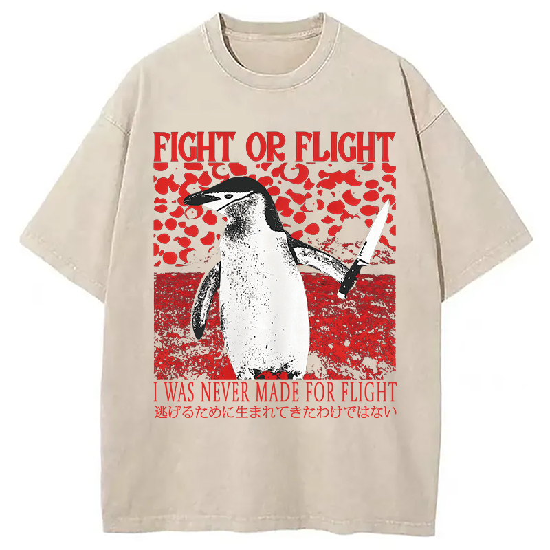 Modecanvas Vintage Japanese Funny Penguin DTG Printing Washed T-Shirt-modecanvas