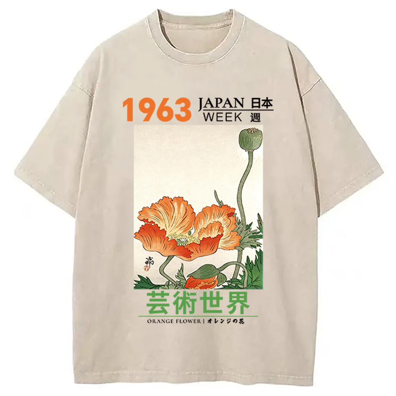 Modecanvas Orange Flower DTG Printing Washed T-Shirt