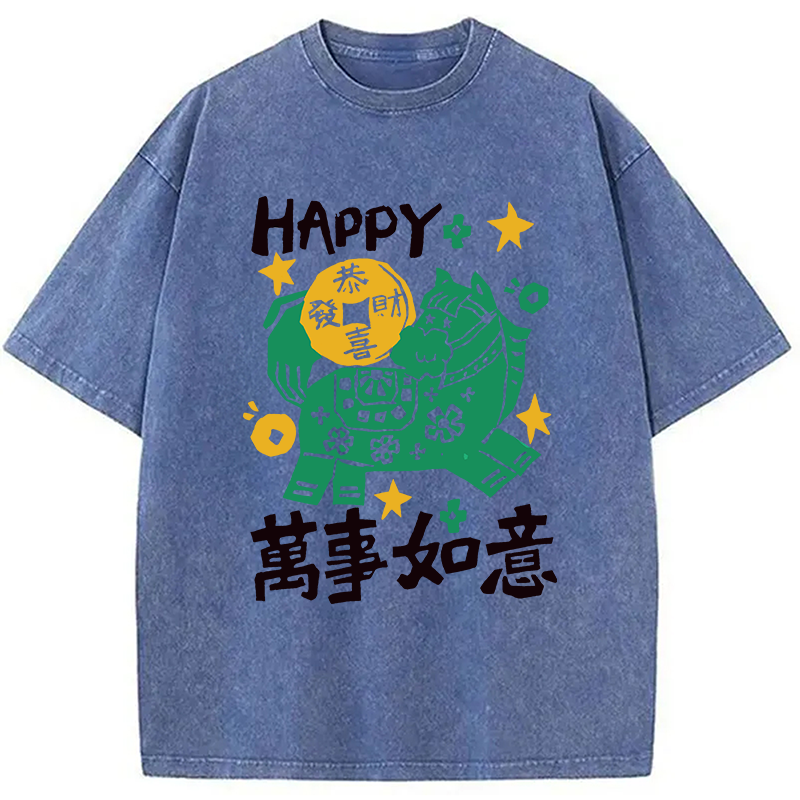 Modecanvas Happy Horse Best Wishes DTG Printing Washed T-Shirt-modecanvas