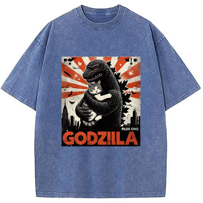 Modecanvas Catzilla Funny Monster And Cat Vintage Washed T-Shirt