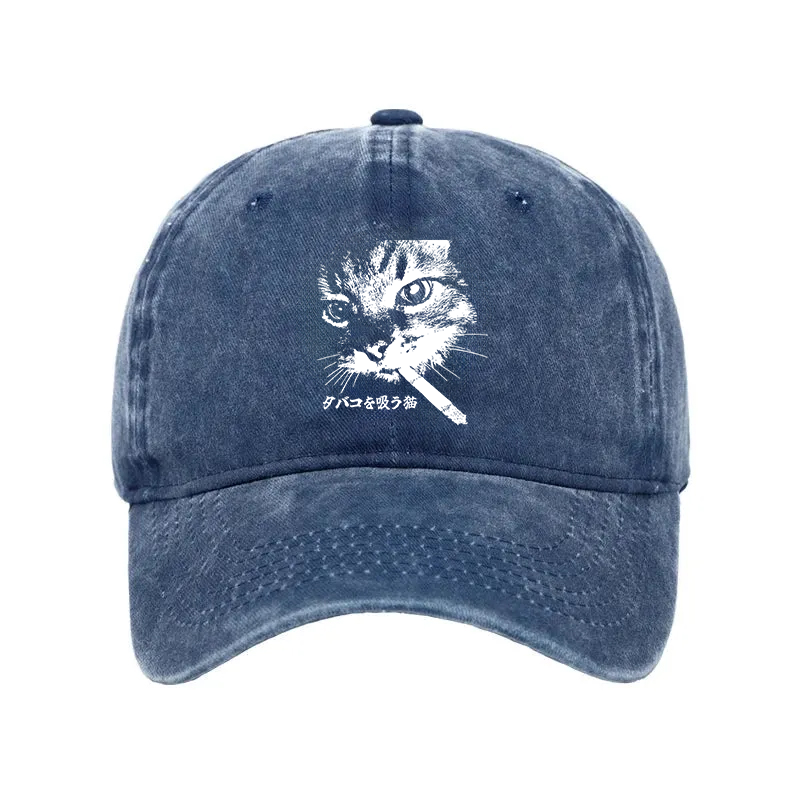 Modecanvas Retro Cat Smoking Washed Cap-modecanvas