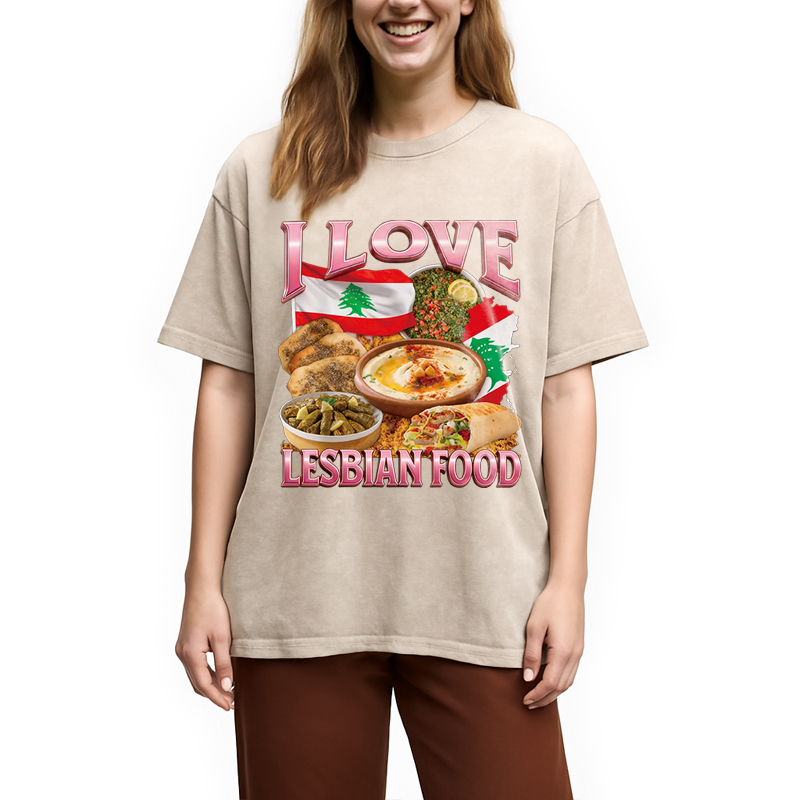 Modecanvas I Love Lesbian Food Funny Meme Washed T-Shirt