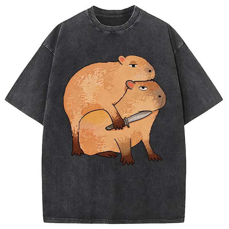 Modecanvas Capybara With Knife Funny DTG Printing Washed T-Shirt