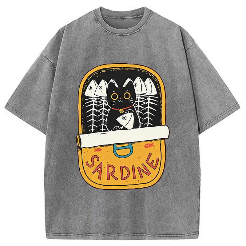 Modecanvas Sardine and Cat DTG Printing Washed T-Shirt