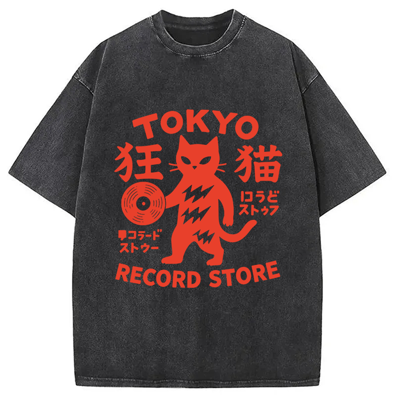 Modecanvas Tokyo Record Store Cat DTG Printing Washed T-Shirt