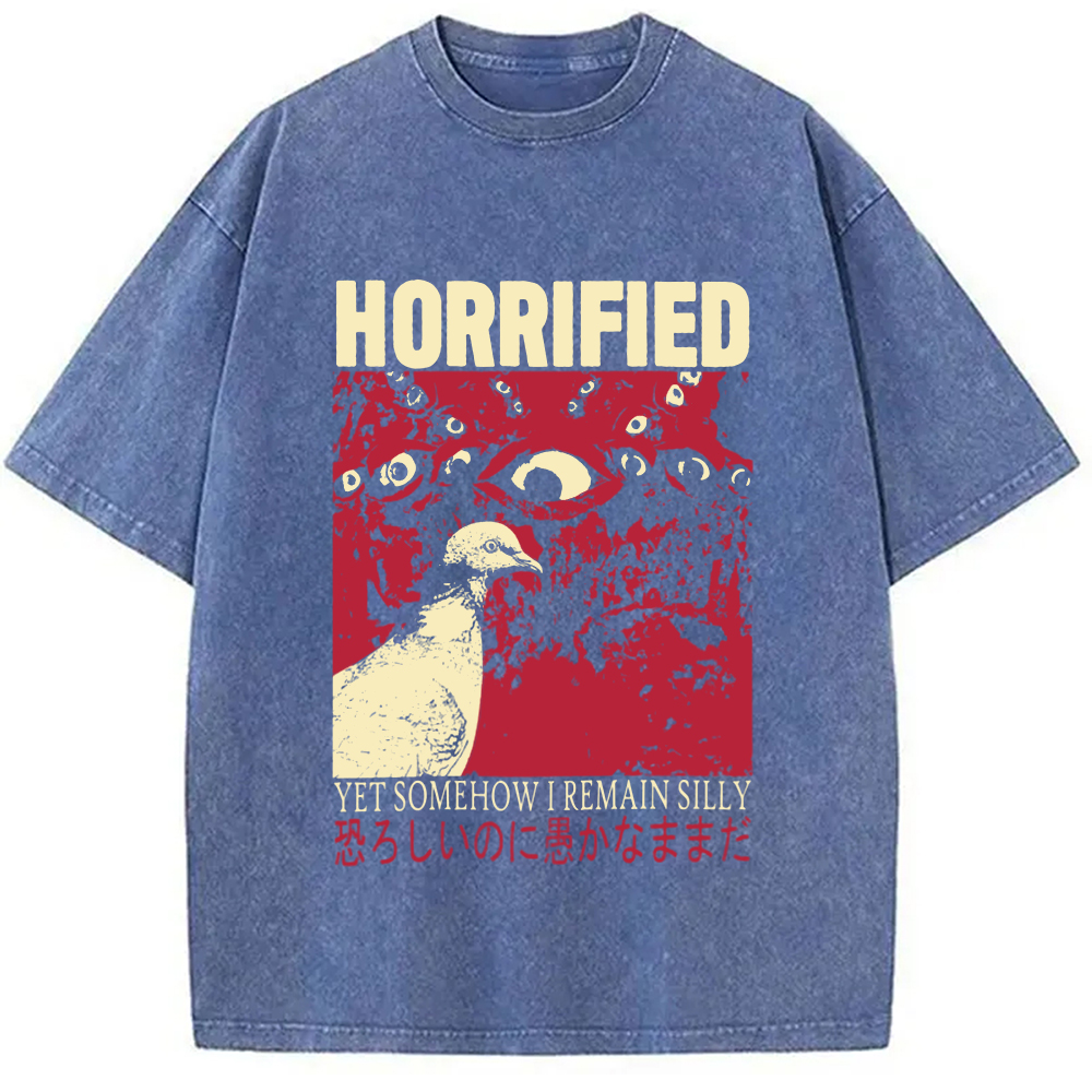 Modecanvas Horrified Pigeon Vintage DTG Printing Washed T-Shirt-modecanvas