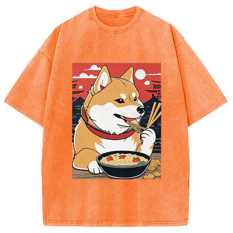 Modecanvas Cute Shiba Inu Dog Eating Ramen DTG Printing Washed T-Shirt