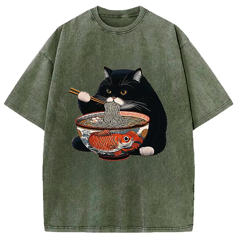 Modecanvas Fat Cat Eating Ramen Washed T-Shirt-modecanvas