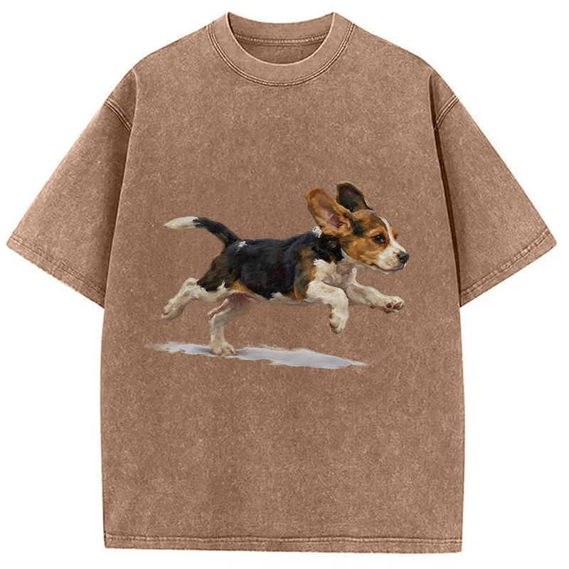 Modecanvas Funny Cute Running Beagle Puppy DTG Printing Washed T-Shirt