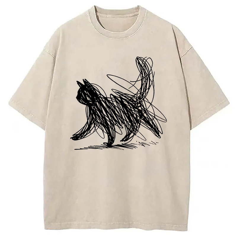 Modecanvas Minimalist Cat Art Washed T-Shirt-modecanvas