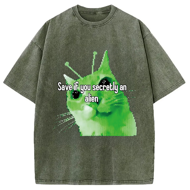 Modecanvas Alien Cat Meme Funny DTG Printing Washed T-Shirt