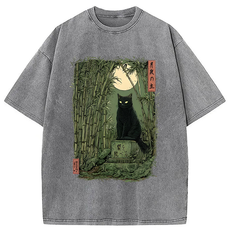 Modecanvas Black Cat In The Bamboo Forest Washed T-Shirt-modecanvas