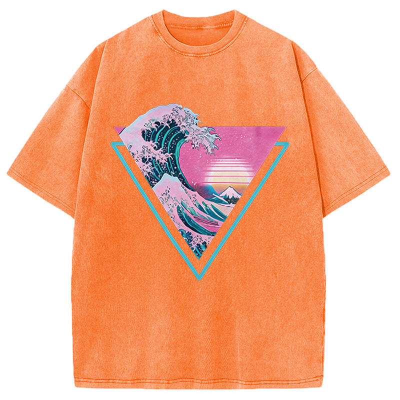 Modecanvas Great Wave Retro Triangle DTG Printing Washed T-Shirt