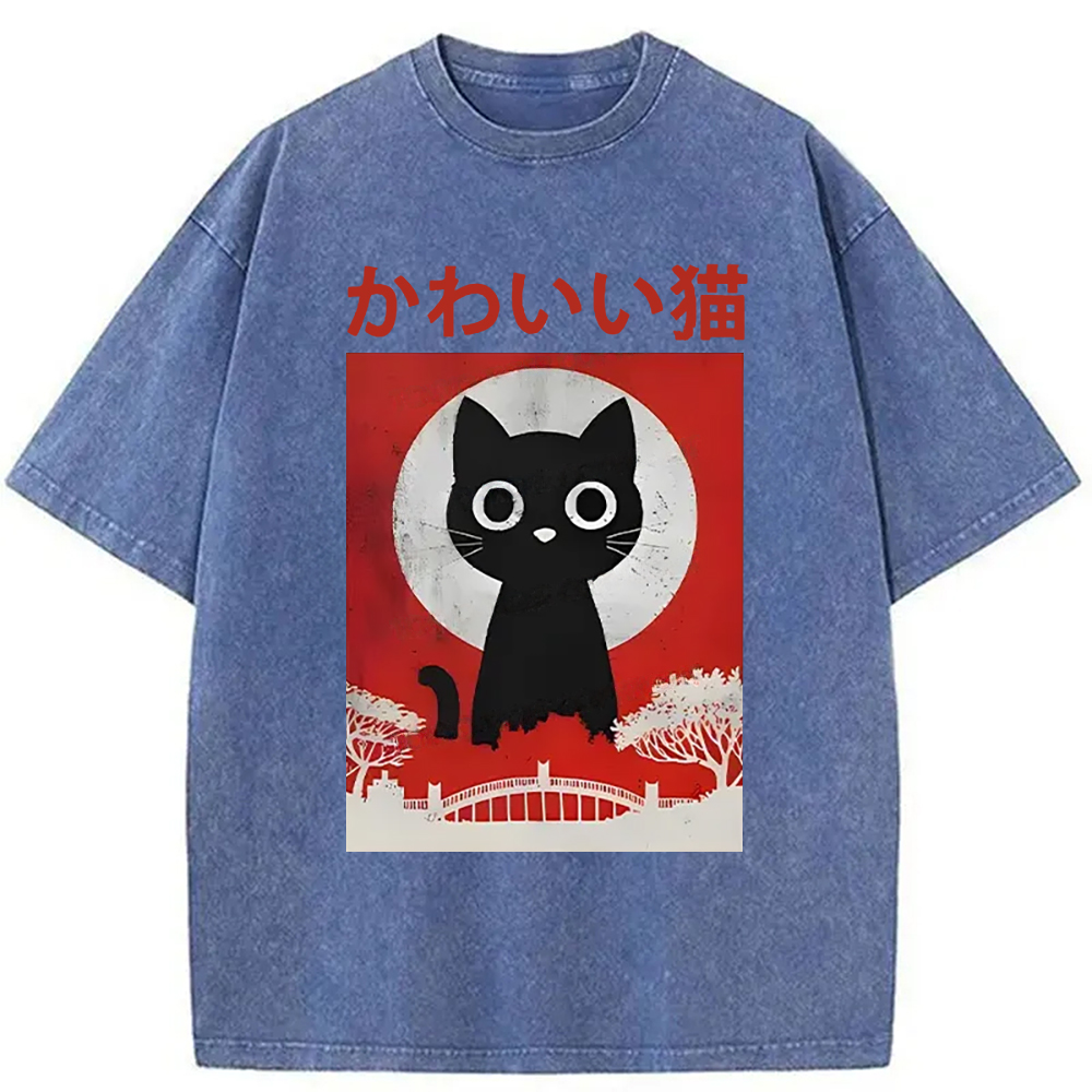 Modecanvas Cute Retro Cat Washed T-Shirt