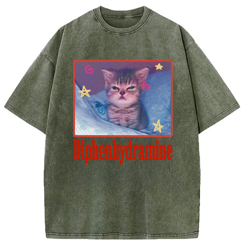 Modecanvas Diphenhydramine Cat Meme Washed T-Shirt-modecanvas