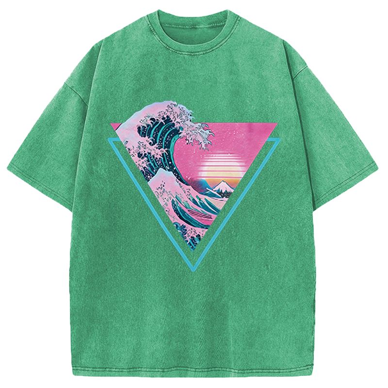 Modecanvas Great Wave Retro Triangle DTG Printing Washed T-Shirt