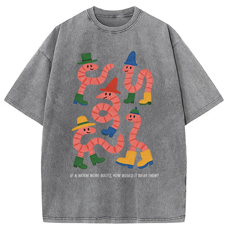 Modecanvas Whimsical Worms In Boots DTG Printing Washed T-Shirt
