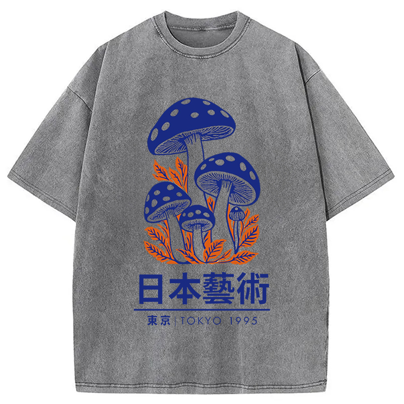 Modecanvas Japanese Art Blue Mushroom Washed T-Shirt