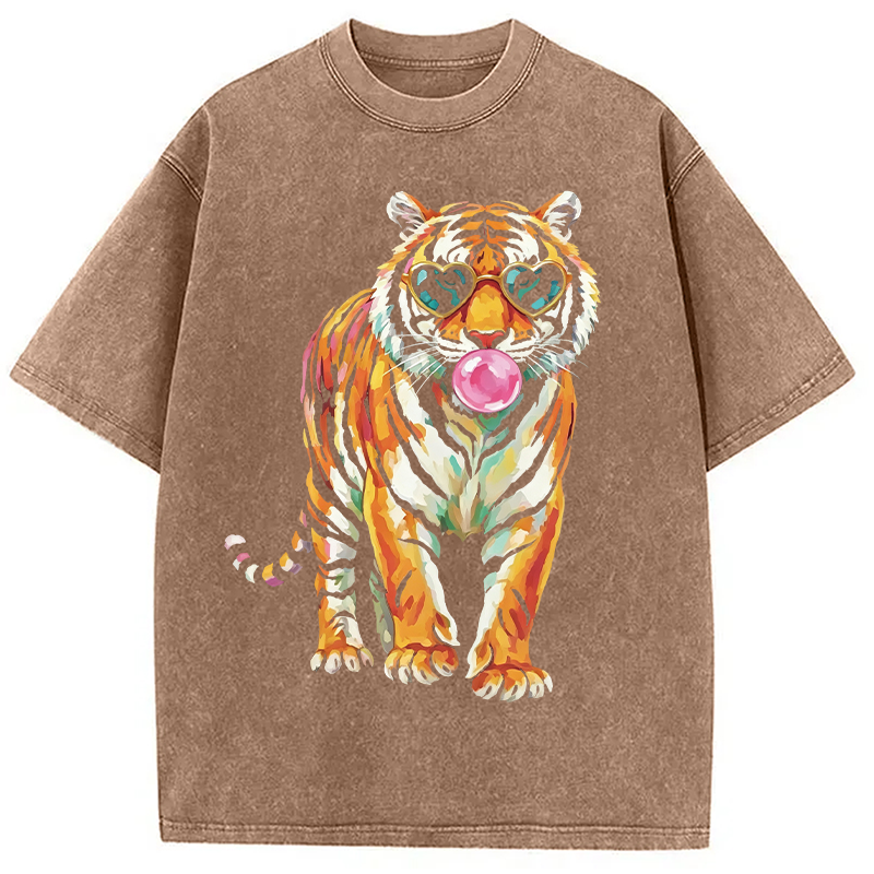Modecanvas Tiger Cute Animal DTG Printing Washed T-Shirt