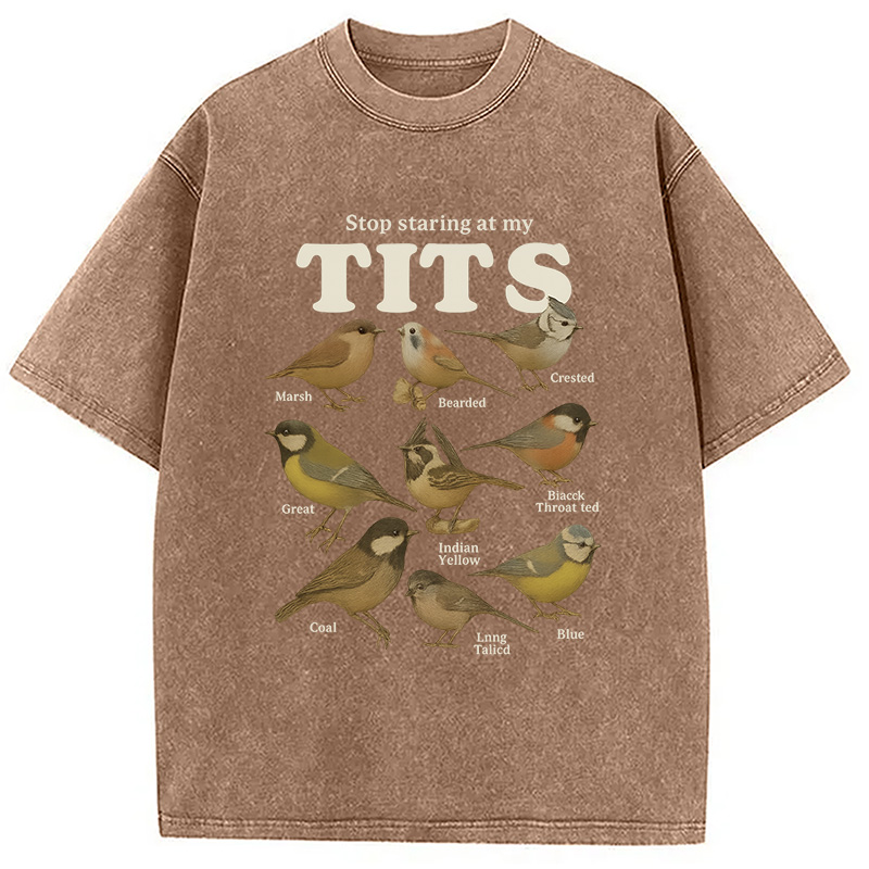 Modecanvas Stop Staring At My Tits Meme Bird Washed T-Shirt