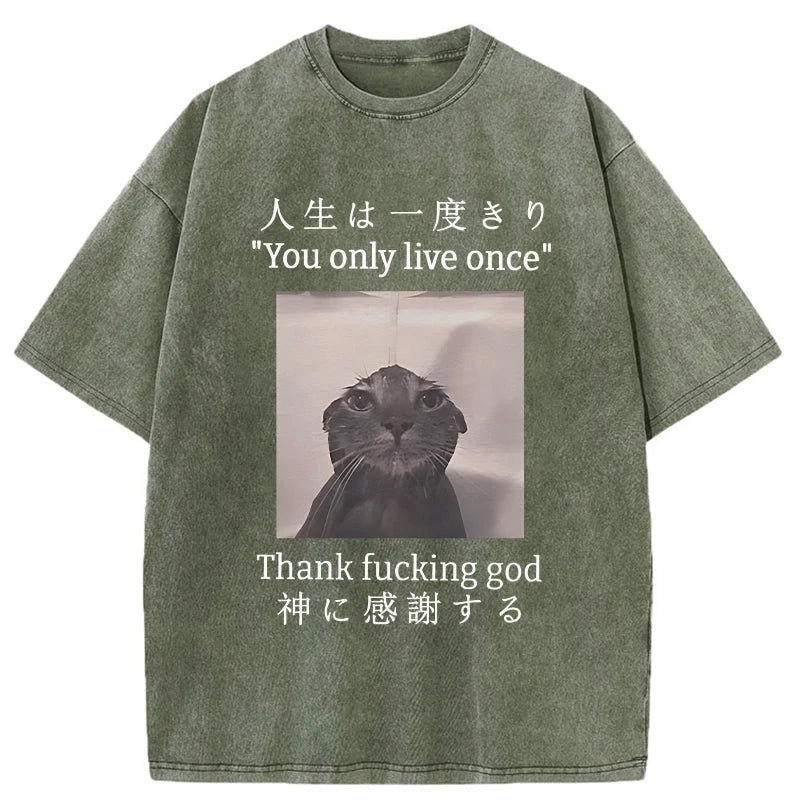 Modecanvas Funny Melancholy Cat Washed T-Shirt-modecanvas