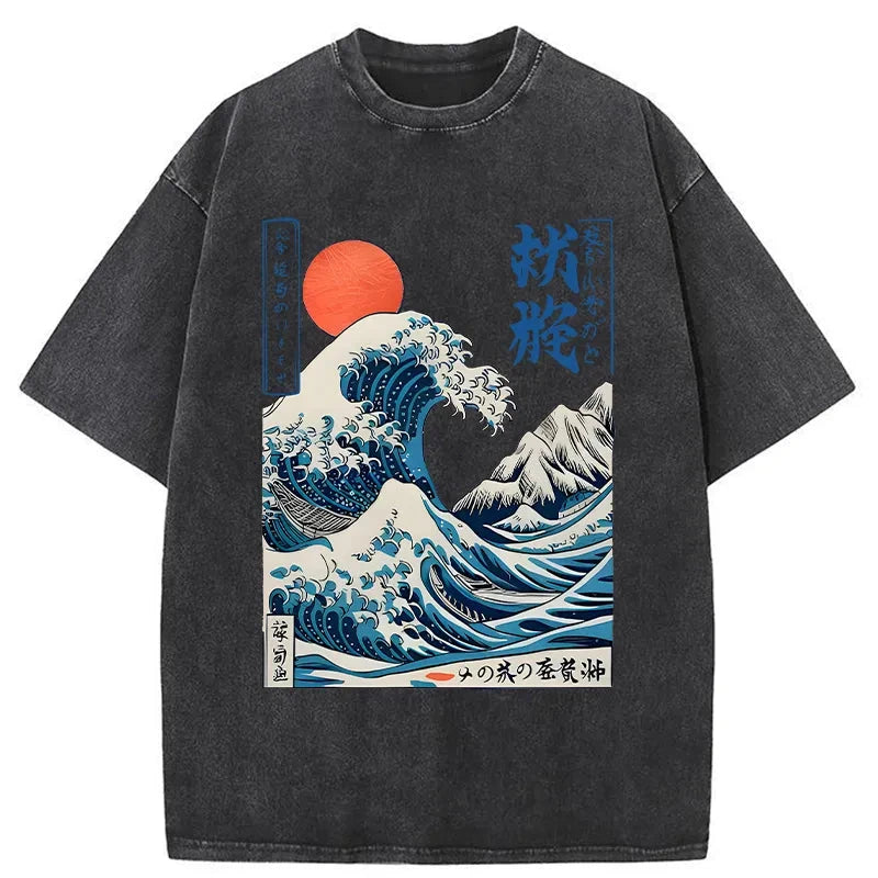 Modecanvas Ukiyo-e Ocean Waves Japan Washed T-Shirt-modecanvas