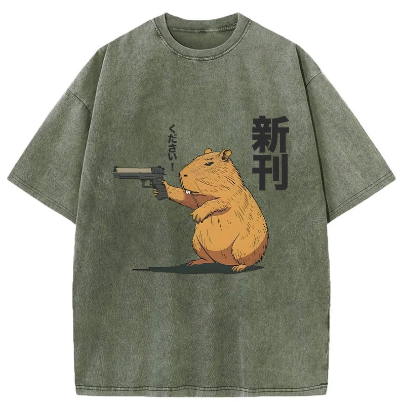 Modecanvas Capybara Holding A Gun Washed T-Shirt