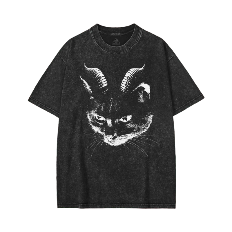 Modecanvas Dark Evil Black Cat Washed T-shirt