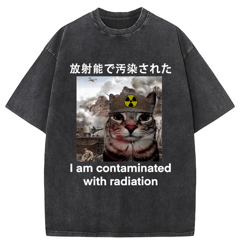 Modecanvas Cat Suffering From Nuclear Radiation Washed T-Shirt-modecanvas