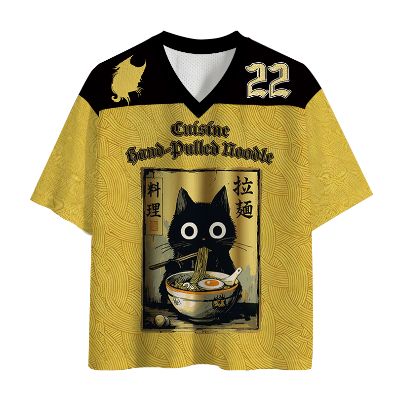 Modecanvas Black Cat Eating Ramen Mesh Jersey-modecanvas