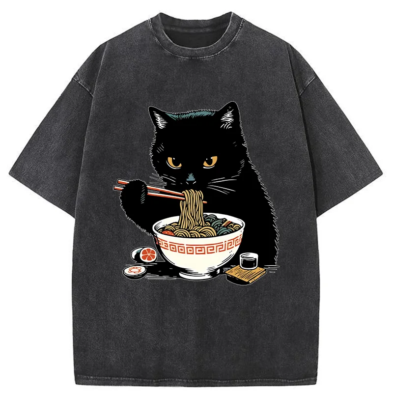 Modecanvas Cat Eating Favorite Ramen Washed T-Shirt