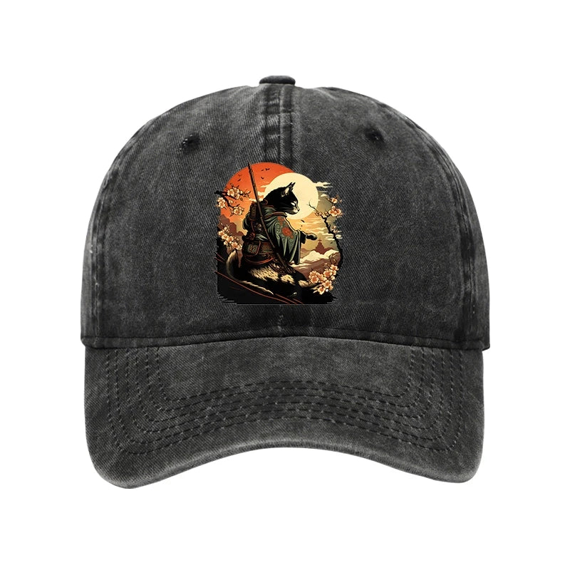 Modecanvas Cat Ninja Ukiyo-e Anime Style Samurai Washed Cap-modecanvas