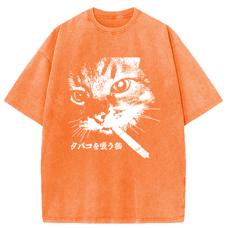 Modecanvas Retro Cat Smoking Washed T-Shirt-modecanvas