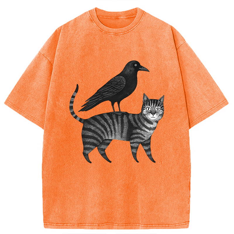 Modecanvas Crow Riding A Cat Washed T-Shirt