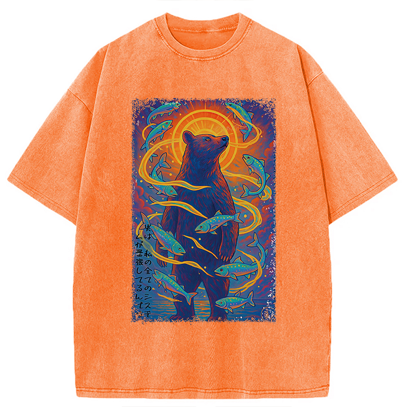 Modecanvas Ukiyoe Bear and Fish Vintage Poster Washed T-Shirt