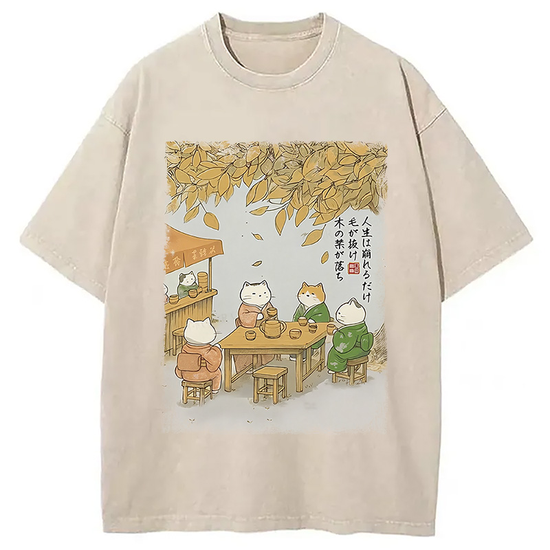 Modecanvas Cats Drinking Tea Under The Tree Washed T-Shirt