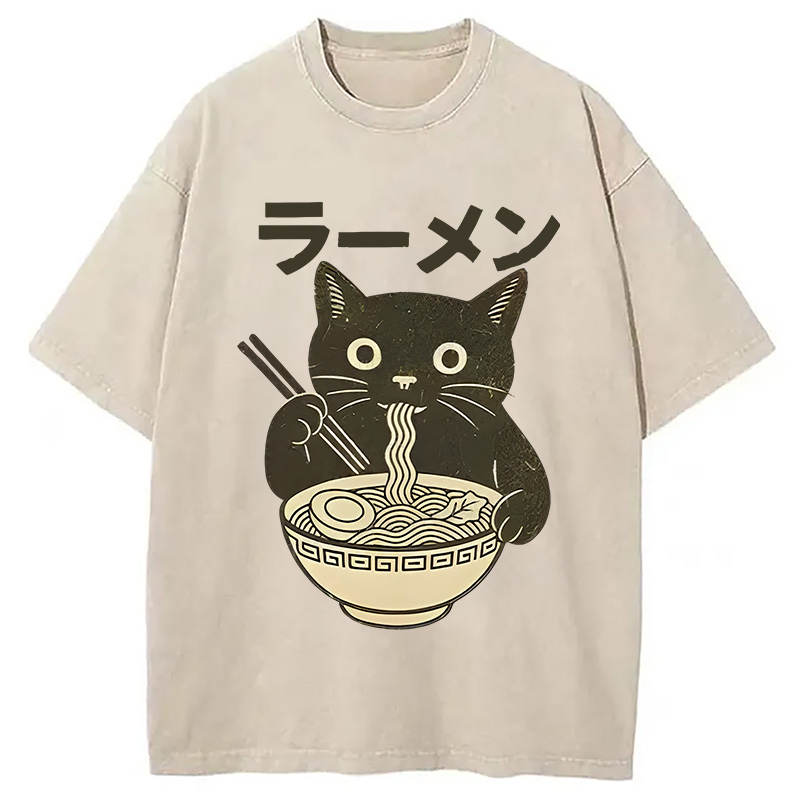 Modecanvas Simple Black Cat Eating Ramen Washed T-Shirt