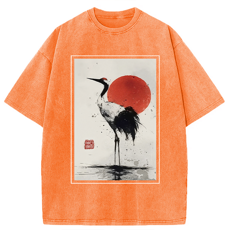 Modecanvas Retro Japanese Red-crowned Crane Washed T-Shirt