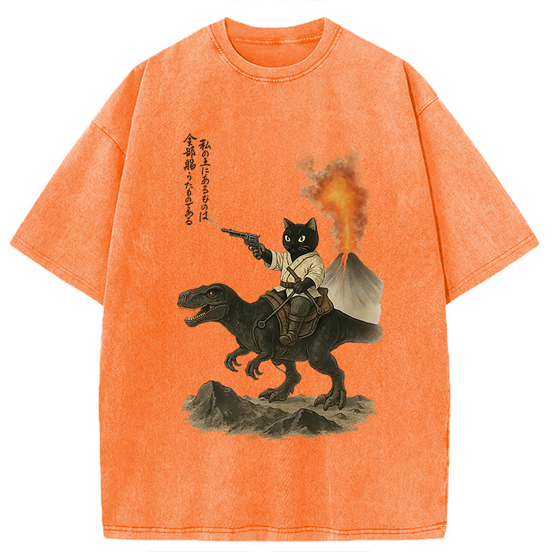 Modecanvas Cat Riding A Dinosaur Washed T-Shirt