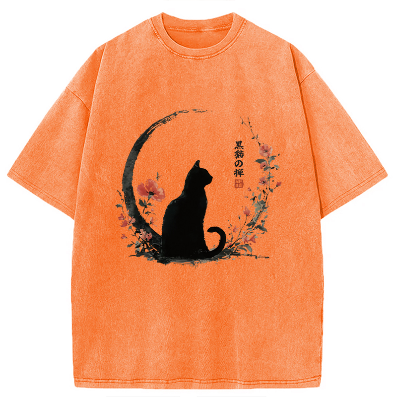 Modecanvas Black Cat And Flowers Washed T-Shirt