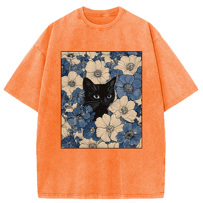 Modecanvas Cat In The Flowers Washed T-Shirt