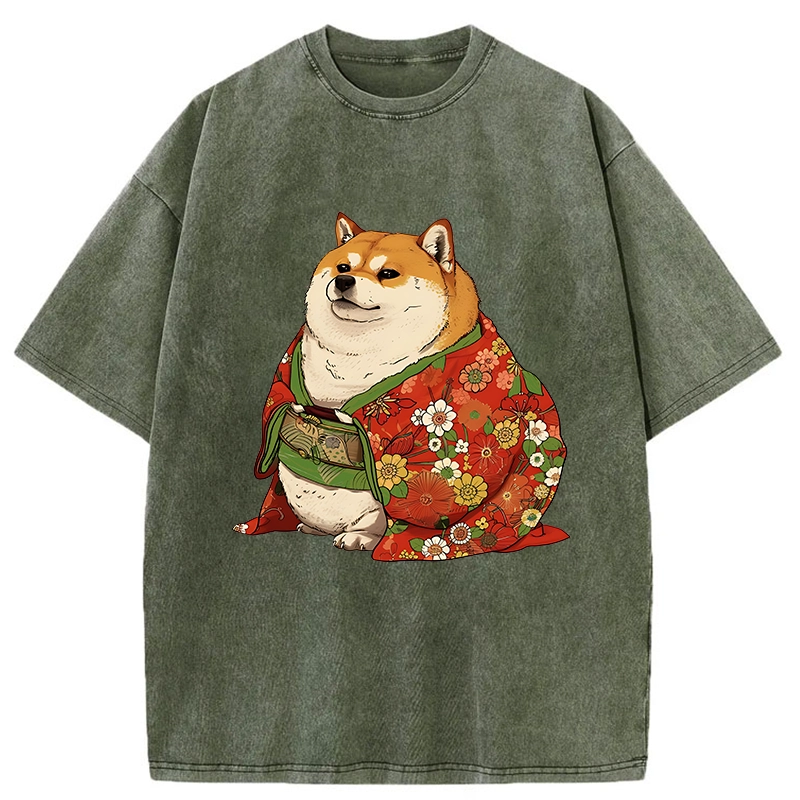 Modecanvas Shiba Inu Wearing Kimono Washed T-Shirt