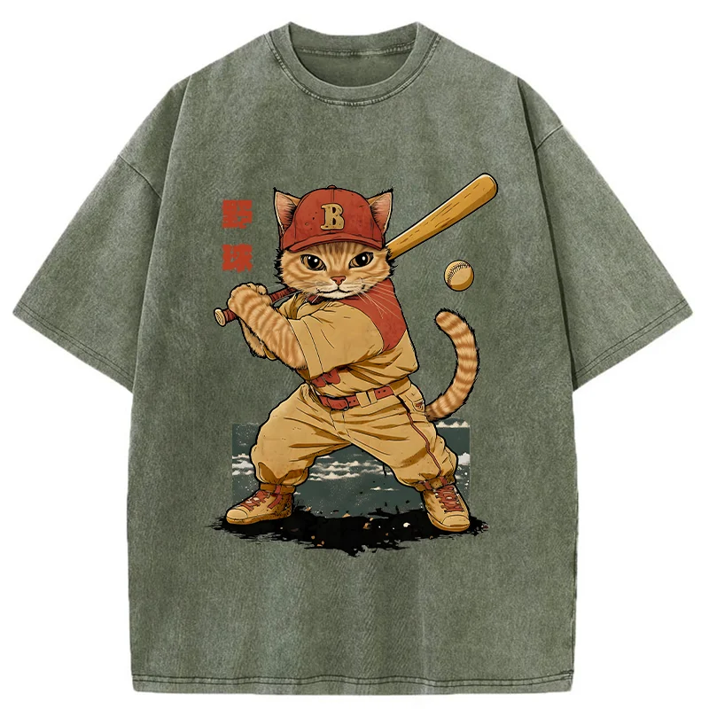 Modecanvas Baseball Cat Player Washed T-Shirt