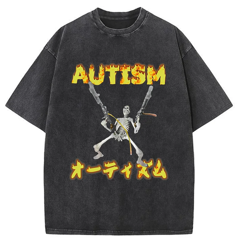 Modecanvas Autism Funny Skeleton DTG Printing Washed T-Shirt-modecanvas