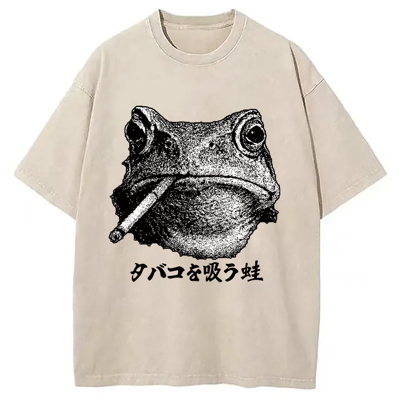 Modecanvas Funny Smoking Frog Meme Washed T-Shirt