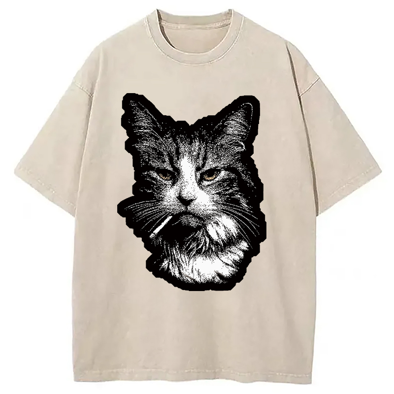 Modecanvas Cool Cat Smoking Meme DTG Printing Washed T-Shirt-modecanvas