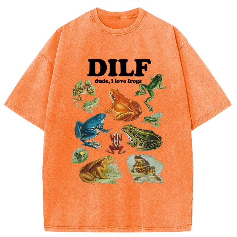 Modecanvas Dude I Love Frog Washed T-Shirt-modecanvas