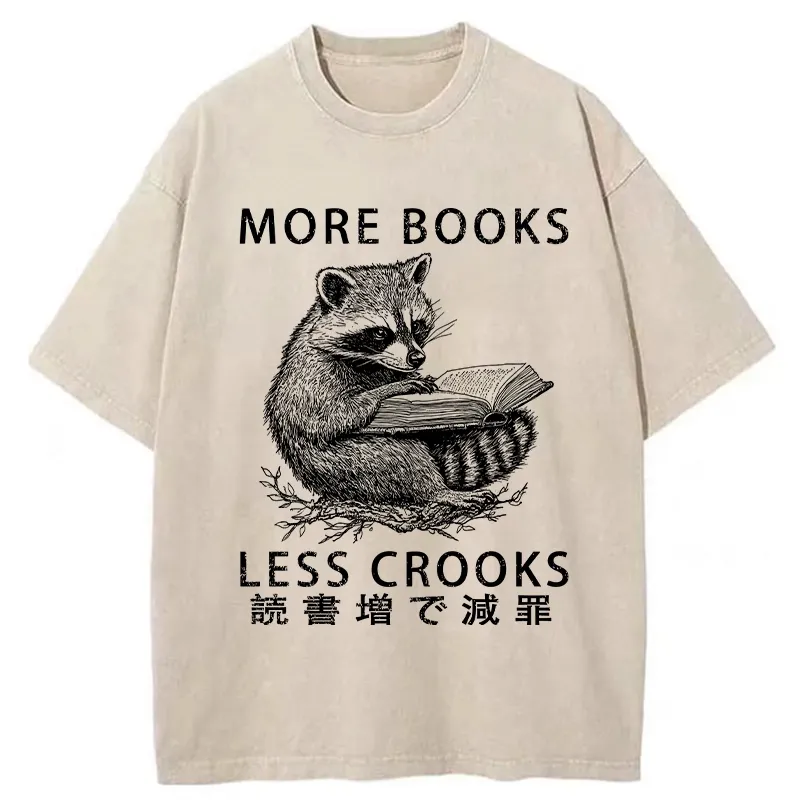 Modecanvas Raccoon Reading Books Less Crooks Washed T-Shirt
