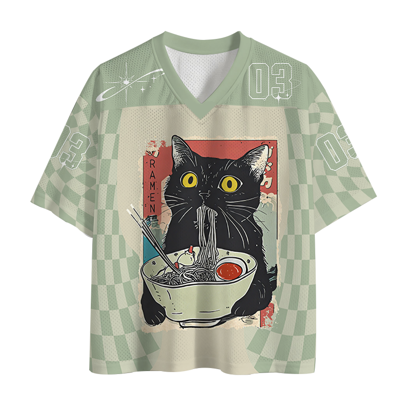Modecanvas Cute Cat Eating Ramen Mesh Jersey-modecanvas