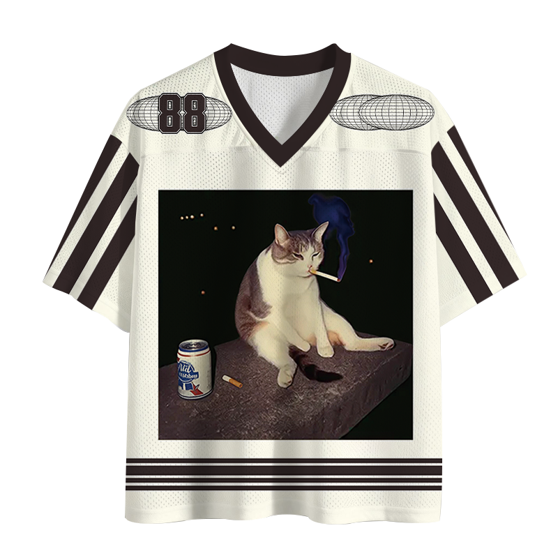 Modecanvas Cigarette Kitten Funny Smoking Cat Meme Mesh Jersey-modecanvas